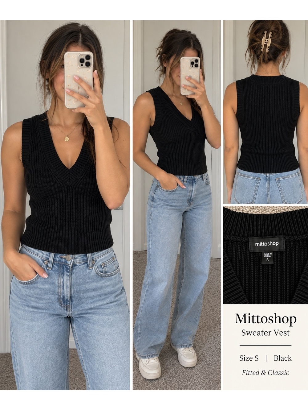 Mittoshop Black Oversized V Neck Sweater Vest Size S Chunky Ribbed Knit